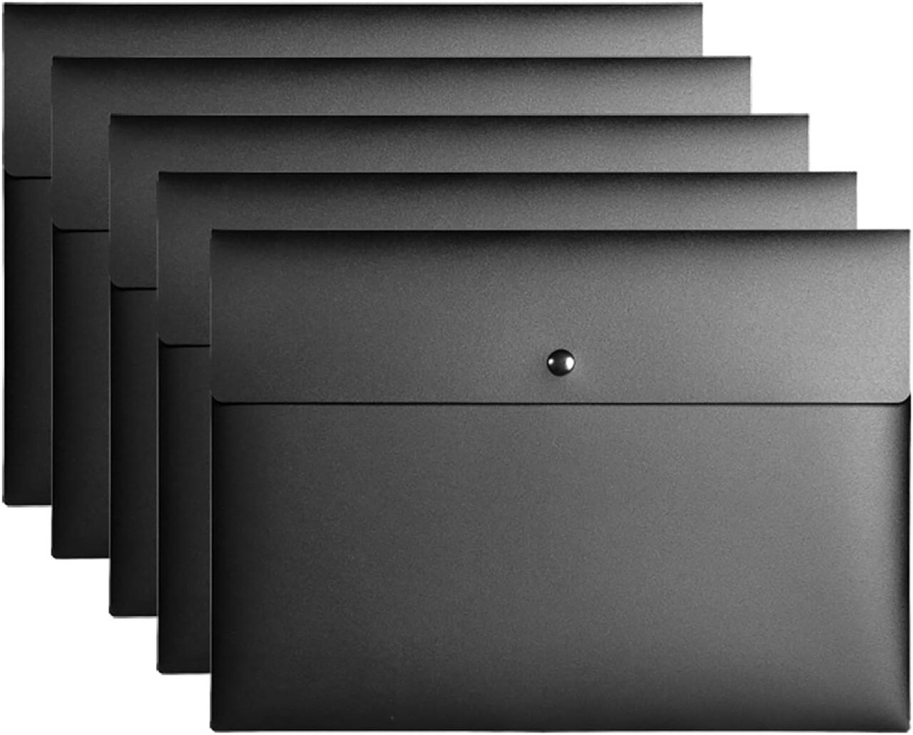 5 Pieces A4 Envelopes Folders for Paperwork Plastic Wallets (Black)